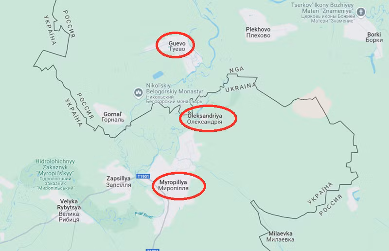 Một nhóm viện binh khác của Ukraine đã đến thị trấn Myropillya, nhằm ngăn chặn đà tiến công của quân Nga. Hiện tại, quân Nga đang tấn công khu vực Oleksandriya ở phía đông bắc thị trấn. Máy bay không người lái và pháo binh Nga đã bắt đầu dội hỏa lực xuống Myropillya, trong đó mục tiêu đầu tiên là cây cầu bắc qua sông Psel. Ảnh: Google Maps