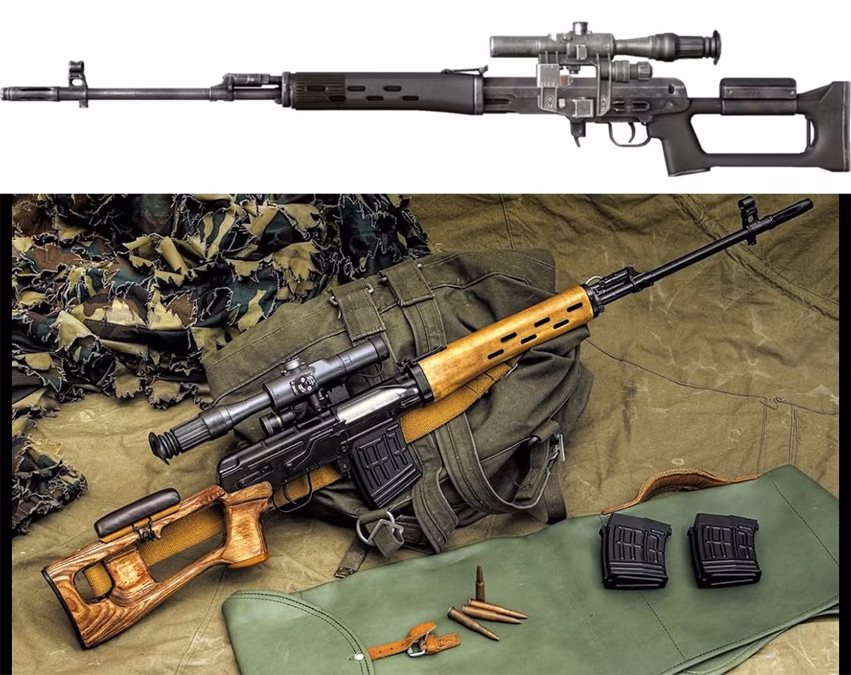 SVD Dragunov: Bên cạnh súng trường tấn công AK-47, súng trường bắn tỉa SVD Dragunov cũng là mẫu vũ khí cá nhân được coi là huyền thoại. Với tầm bắn hiệu dụng khoảng 800-1.000m, dòng vũ khí này được Nga và nhiều quốc gia trên thế giới chế tạo và đưa vào trang bị cho tới ngày hôm nay với nhiều biến thể khác nhau. Ảnh: Reddit.