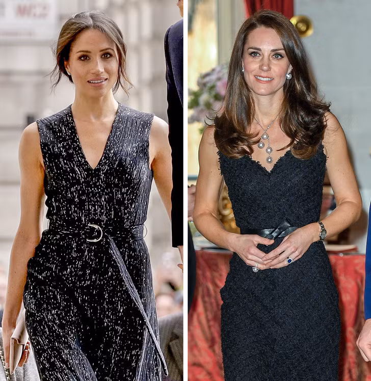 Một mẫu váy mà hai công nương đều hài lòng đó là váy ngắn Little Black Dress với cổ chữ A kết hợp cùng thắt lưng hoặc phụ kiện đồng màu.