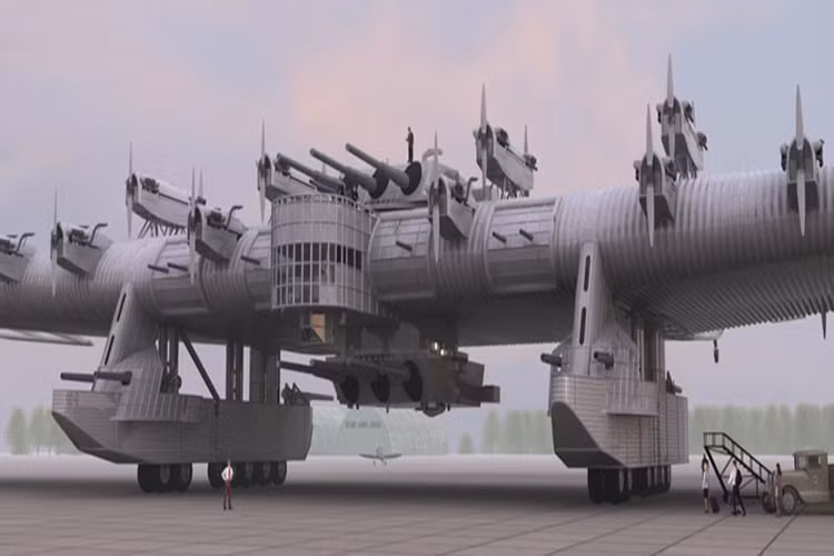 Bên cạnh biến thể dân dụng, một phiên bản quân sự của chiếc Kalinin K-7 cũng đã được phác thảo với vai trò siêu pháo đài bay, nó có tới 10 động cơ trên cánh, vũ khí trang bị gồm có 8 pháo tự động 20 mm; 8 súng máy 7,62 mm; mang được 9,6 tấn bom; 112 lính dù và 8,5 tấn thiết bị nhảy dù. Nguồn ảnh: imgur.com.
