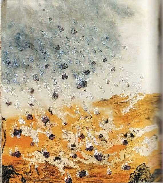  11. Thạch Áp Địa Ngục: Dành cho kẻ giết con vì trọng nam khinh nữ hoặc con bị thiểu năng, tàn tật. Tầng địa ngục này có một hồ đá hình vuông, bên trên có những sợi dây buộc những tảng đá. Tội nhân sẽ bị đưa xuống hồ rồi chặt đứt những sợi dây có buộc đá ở phía trên. Ảnh: China Culture.