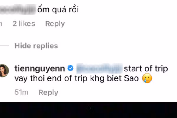 Ngoài gây chú ý về phong thái, nữ rich kid này còn khiến netizen soi ra cách trả lời bình luận xen Tiếng Anh và Tiếng Việt giống với Chi Pu trước đó. Cụ thể, khi một người bạn khen Tiên Nguyễn rằng: "Ốm (gầy) quá rồi", nàng rich kid đã đáp: "Start of trip vay thoi end of trip khong biet sao" (Đầu chuyến đi thì vậy thôi, kết thúc chuyến đi không biết sao).