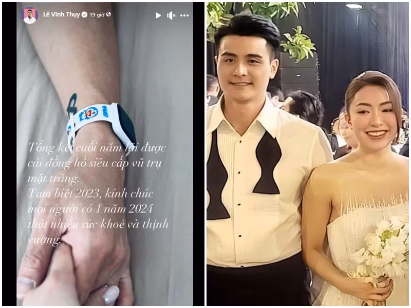 Vĩnh Thụy kết hôn năm 2022. Tết dương lịch 2024, anh khoe hình ảnh nắm tay vợ. Nam người mẫu cho biết, anh được nửa kia tặng chiếc đồng hồ có hình Doraemon.