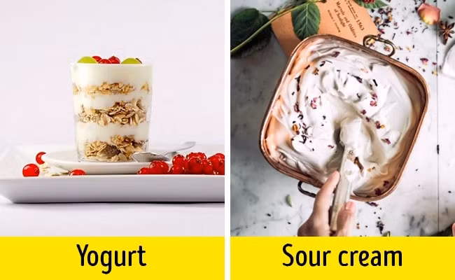Sữa chua: Sữa chua giúp tăng cường năng lượng, giàu chất béo và hàm lượng protein cao. Đây cũng là nguồn cung cấp canxi dồi dào cho cơ thể, giàu chất lợi khuẩn probiotic rất tốt cho quá trình giảm cân. Còn kem chua chứa chất béo cao không tốt việc kiểm soát cân nặng. Nếu đang ăn kiêng mỗi ngày chỉ nên ăn 12% kem. Ảnh: BS.