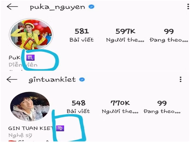 Cách giới thiệu thông tin của Gin Tuấn Kiệt và Puka trên Instagram giống nhau, chỉ để tên và biểu tượng của cung hoàng đạo. Ảnh: Yan.