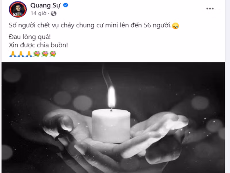 Chia sẻ ngắn ngọn của diễn viên Quang Sự sau khi biết tin về vụ cháy. Ảnh chụp màn hình.