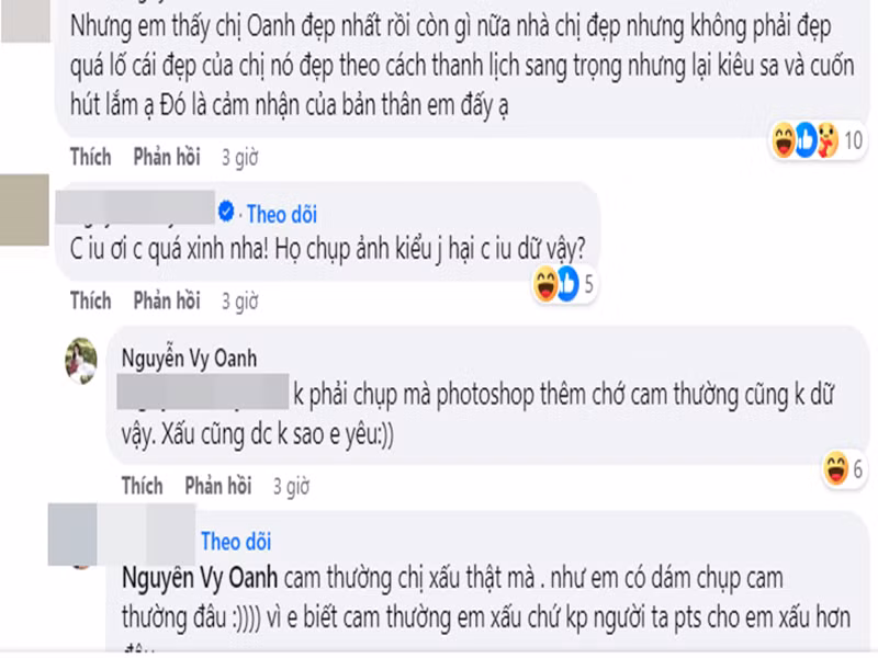 Giọng ca Đồng xanh cho biết, loạt ảnh đã bị chỉnh sửa. "Chứ camera thường cũng không dữ vậy", Vy Oanh trả lời bình luật của một cư dân mạng. Ảnh chụp màn hình.
