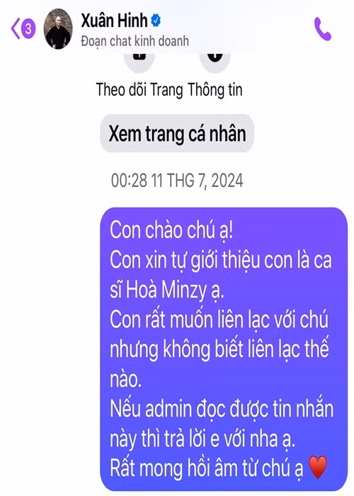 Hòa Minzy đã liên lạc với nghệ sĩ hài Xuân Hình qua fanpage. "Con luôn nghĩ rằng nếu xét về cái tầm thì nếu con không phải ở Bắc Ninh, không phải làm về một dự án cho Bắc Ninh, dù vị trí của con có đang ở đâu trên bản đồ showbiz, nếu chú không quan tâm và không thích cũng có thể sẽ không nhận lời tham gia với con đâu nên có lẽ mình phải xét về cái tâm chú nhỉ", Hòa Minzy tiết lộ. Ảnh: FB Hòa Minzy.