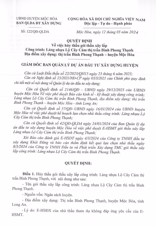 Gói xây lắp tại Mộc Hóa, Cty Lý Văn Bu không đáp ứng E-HSMT - Hình 2 Goi xay lap tai Moc Hoa, Cty Ly Van Bu khong dap ung E-HSMT-Hinh-2