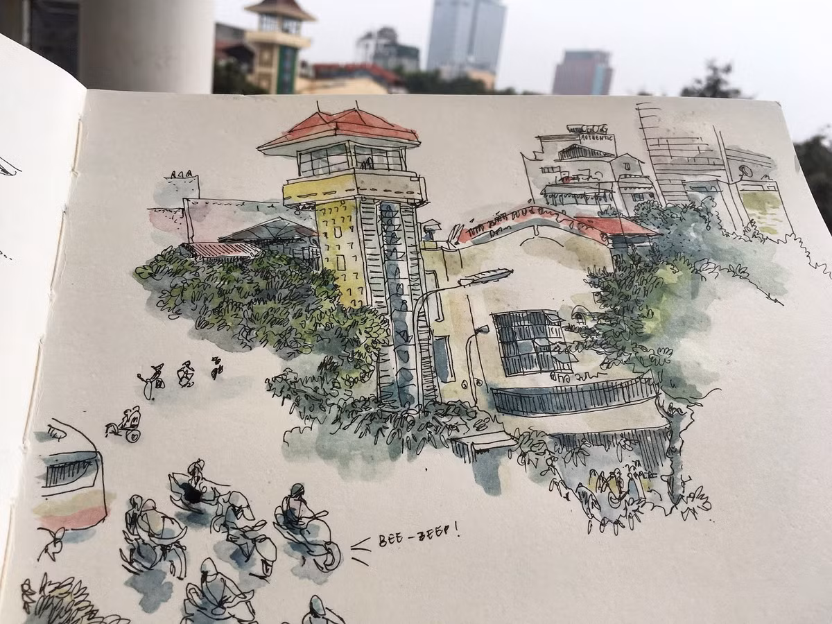 Nhà hát múa rối nước Thăng Long nhìn từ tầng ba của một tòa nhà cạnh hồ Hoàn Kiếm, Hà Nội. Ảnh: Portland Sketcher.