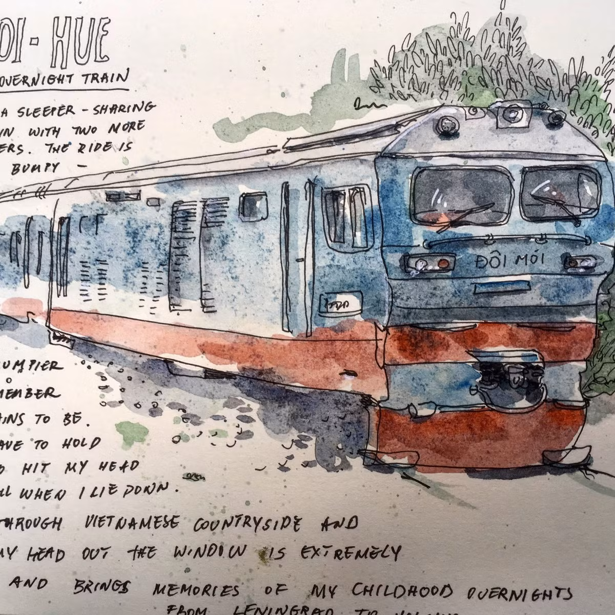 Đoàn tàu đưa nữ họa sĩ di chuyển từ Hà Nội đến Huế. Ảnh: Portland Sketcher.