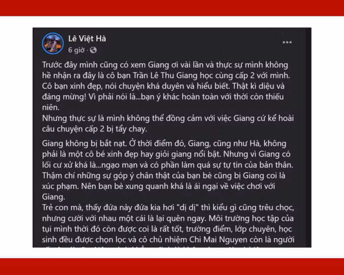 Trong bài đăng của mình, Zoie cho biết Giang không hề bị bắt nạt, mà chính xác là các bạn trong lớp "ái ngại về việc chơi với Giang".
