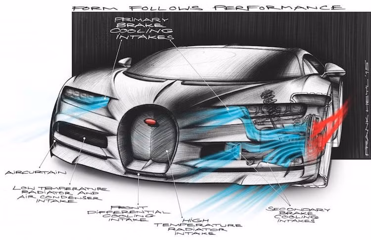 Với động cơ 8.0l W16 4 tăng áp cực "khủng", siêu xe Bugatti Chiron cần một lượng lớn không khí để nạp vào buồng đốt. Theo Bugatti, có tới 60.000l khí oxi được nạp vào động cơ mỗi phút xe hoạt động.