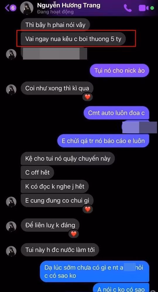 Trong diễn biến mới nhất, cộng đồng mạng xôn xao trước đoạn tin nhắn được cho là Trang Nemo muốn bồi thường 5 tỷ cho chị áo trắng trong vụ xô xát với Trần My. Ảnh: 2sao