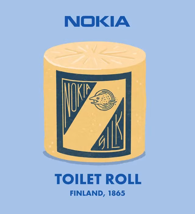 Thế nhưng, thuở ban đầu Nokia được thành lập với một nhà máy bột giấy và chủ yếu sản xuất các cuộn giấy vệ sinh mang nhãn hiệu Nokia.
