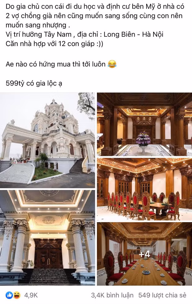 Những ngày gần đây, mạng xã hội xôn xao trước thông tin sang nhượng một tòa lâu đài nguy nga với giá gần 600 tỷ đồng. Ảnh chụp màn hình