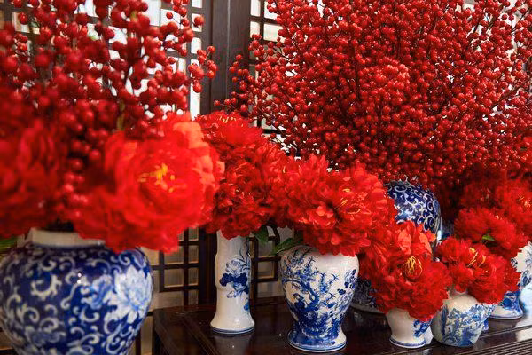 Đào đông được trưng bày từ ngoài cổng vào tới trong nhà.