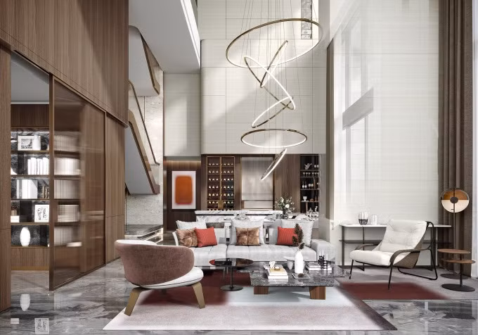 Penthouse của Hà Anh Tuấn rộng gần 240 m2, xây dựng theo dạng duplex với 4 phòng ngủ gồm hai phòng ở tầng dưới, hai phòng ở tầng trên. Ảnh: Masterise Homes