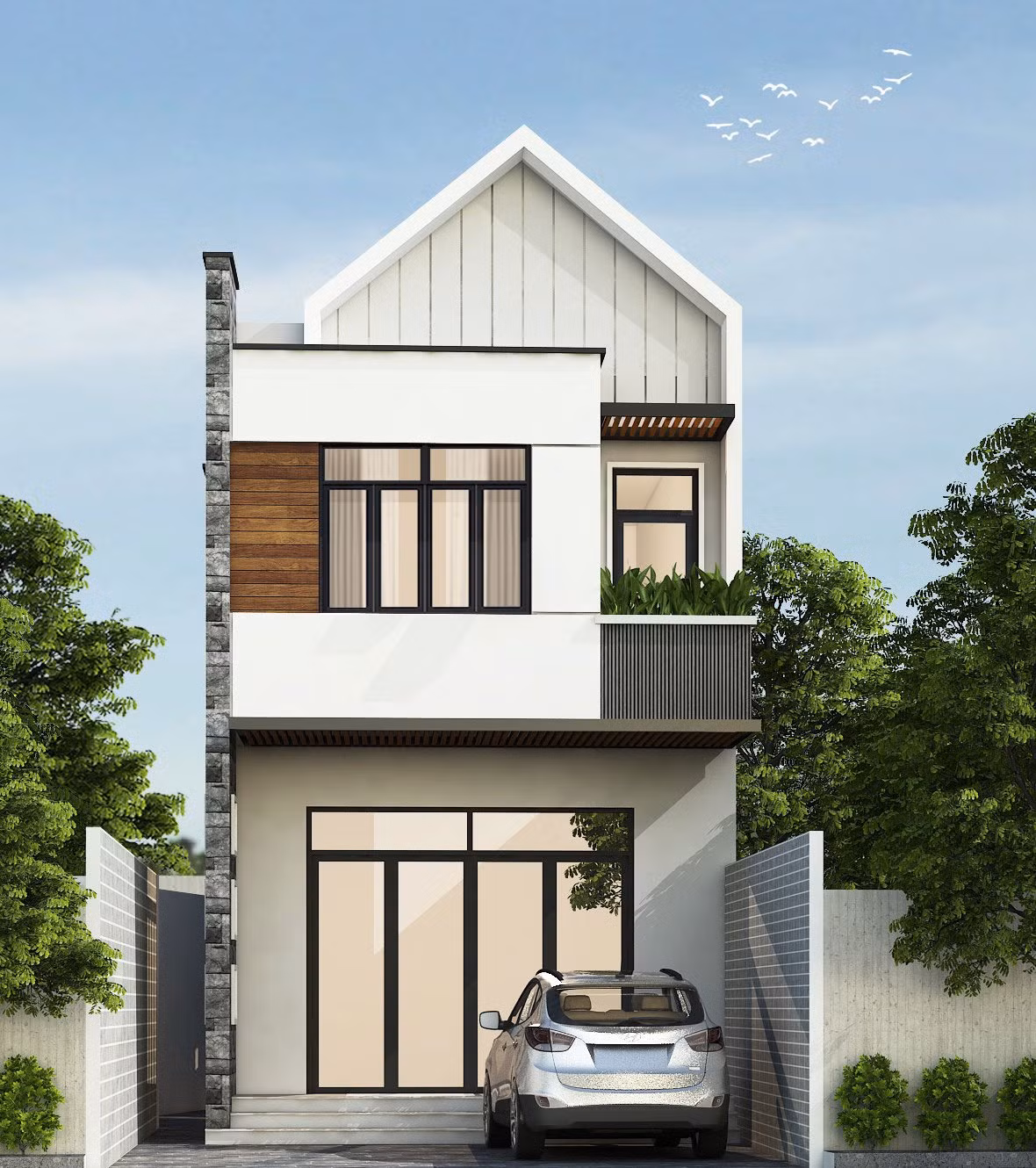 Ngôi nhà sử dụng tông màu trắng chủ đạo kết hợp vật liệu đá ốp cao cấp màu xám và nâu tôn thêm vẻ đẹp sang trọng. Ảnh: Wedo