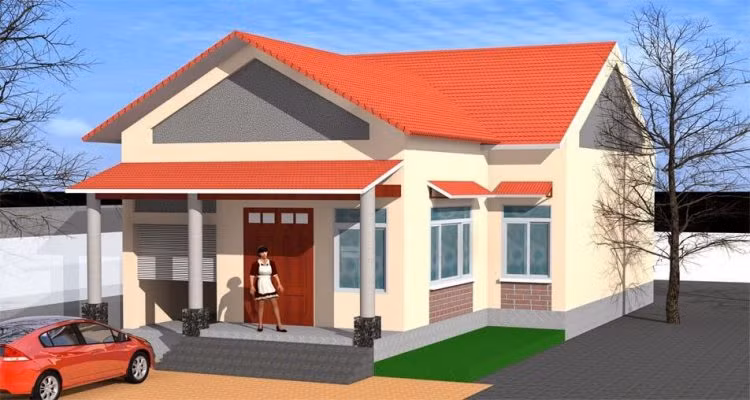 Nhà cấp 4 chữ L được thiết kế thêm 1 gara có cửa sập bên hông. Sảnh chính thiết kế rộng và có cửa ra vào bằng gỗ. Ảnh: Homemy