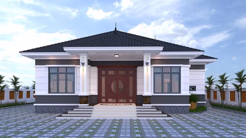 Mẫu nhà cấp 4 mái Nhật được ưa chuộng bởi hệ cột vuông vức, tiền sảnh bề thế, và vững chải. Ảnh: Noithatalpha