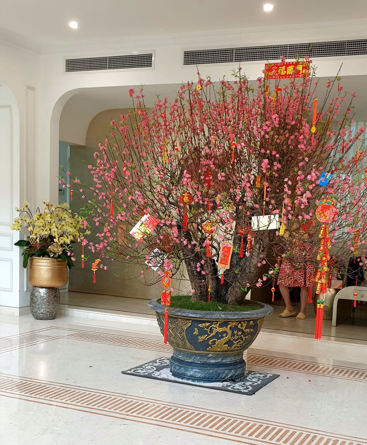 Vào dịp Tết, ngôi nhà của nữ doanh nhân được tô điểm bằng một chậu đào lớn.