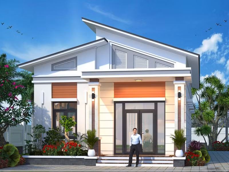  Nhà cấp 4 mái lệch mang kiến trúc hiện đại, từ vật liệu ngoại thất đến đường nét kiến trúc và màu sắc đều đơn giản nhưng mang lại hiệu ứng hút mắt. Đặc biệt, kiến trúc mái lệch bê tông tiết kiệm một khoản chi phí so với mái thái. Ảnh: Noithatalpha