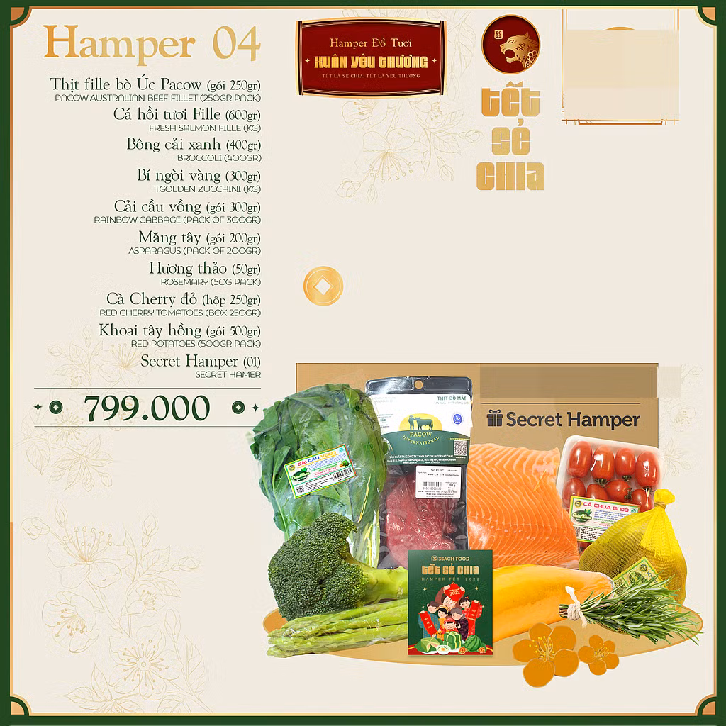 Set quà Tết thực phẩm tươi sống kết hợp rau củ quả có giá từ vài trăm đến hơn 2 triệu đồng cũng được nhiều khách hàng quan tâm. Ảnh: 3sachfood