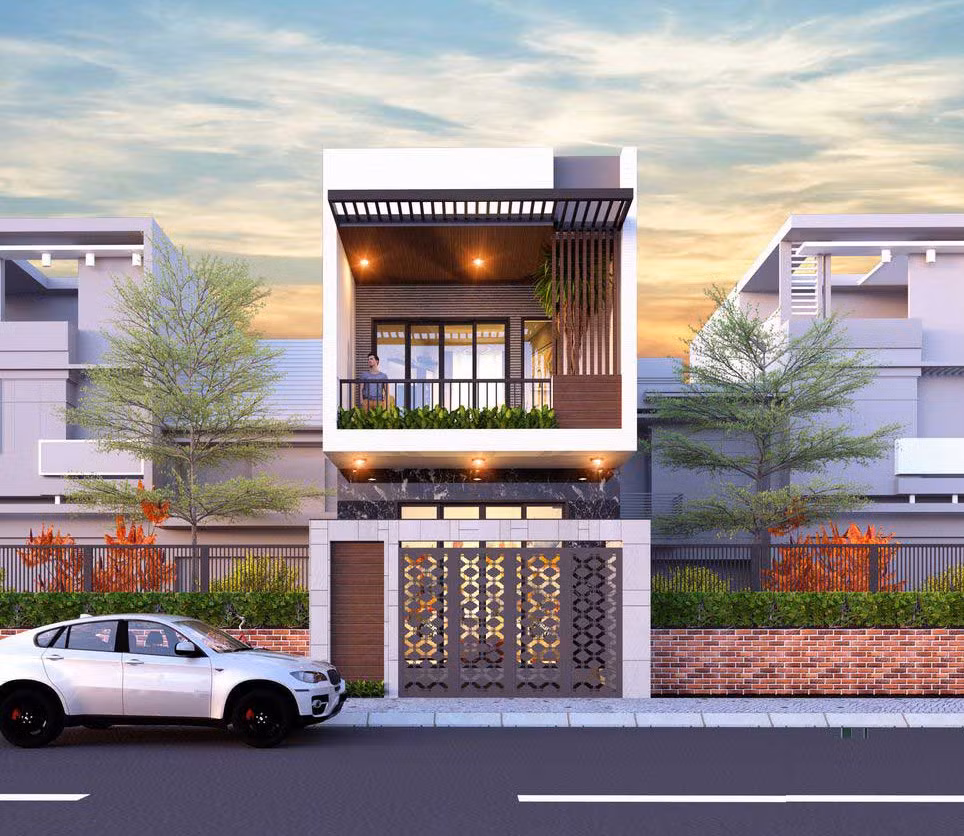 Mẫu nhà ống 2 tầng 4x20m sử dụng tông màu trắng nhẹ nhàng, kết hợp ăn ý cùng hệ cửa, cổng sắt màu nâu đậm. Ảnh: Wedo