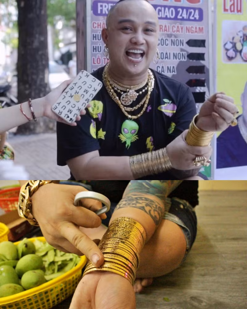 Anh Đỗ Ngọc Thuận (34 tuổi, còn được gọi là Bảy Bóng) - ông chủ của một quán ăn vặt ở TP HCM được nhiều người biết đến vì trên người đeo hơn 100 lượng vàng. Ảnh: Vietnamnet