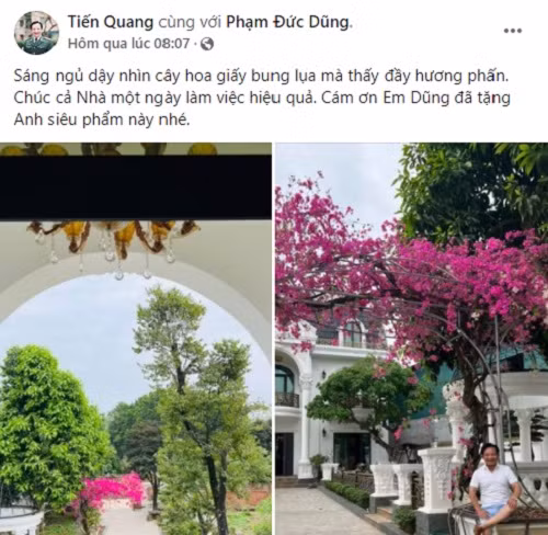 Cách đây ít giờ, trên trang cá nhân, NSƯT Quang Tèo khoe khoảnh khắc ngồi dưới cây hoa giấy rực rỡ trước cửa bạch dinh mới thu hút sự chú ý của đông đảo khán giả.
