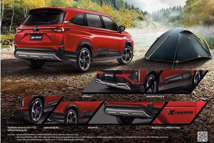 So với bản tiêu chuẩn, mẫu xe MPV Toyota Veloz X-Urban 2023 mới được bổ sung gói bodykit thể thao gồm huy hiệu X-Urban ở cửa cốp, tấm ốp nhựa trên cánh cửa, ốp vòm bánh xe, cản trước và cản sau mạ crôm. Ngoài ra, xe cũng được trang bị bộ mâm họa tiết mới sơn hai màu đen xám, kích thước 17 inch.