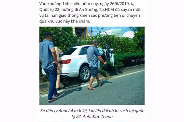 Việc chưa dừng lại đó, sau khi đăng tải bài viết trên trang cá nhân và thu hút được sự quan tâm chú ý lớn từ cộng đồng mạng, nhiều hình ảnh về vụ TNGT của chiếc xe “Audi nguyên zin” này đã được gửi về cho anh Diệp. Hóa ra cách đây tầm 1 năm, chiếc xe Audi A4 “nguyên zin” này từng gây ra một vụ va chạm giao thông và bị hư hại khá nặng.