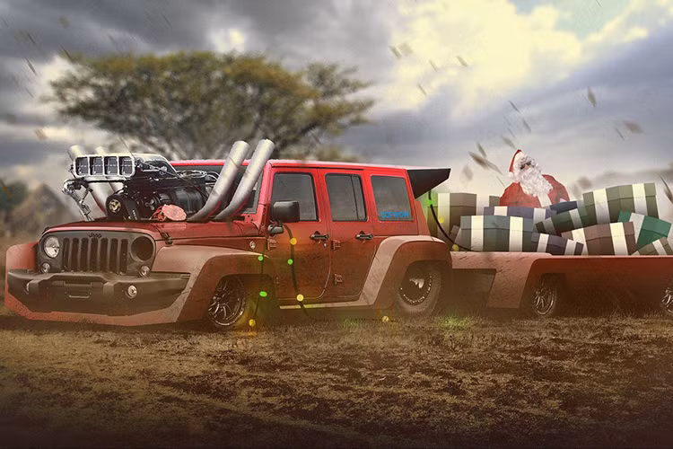 Mẫu xe địa hình Jeep Wrangler V8 là sự lựa chọn hoàn hảo để chở quà đến những vùng đồng bằng xa xôi nhất ở châu Phi. Phương tiện được trang bị động cơ V8 với khả năng tăng tốc từ 0-100km/h trong 4 giây, đem đến ông già Noel chuyến đi thảnh thơi mà vẫn hoàn thành nhiệm vụ.