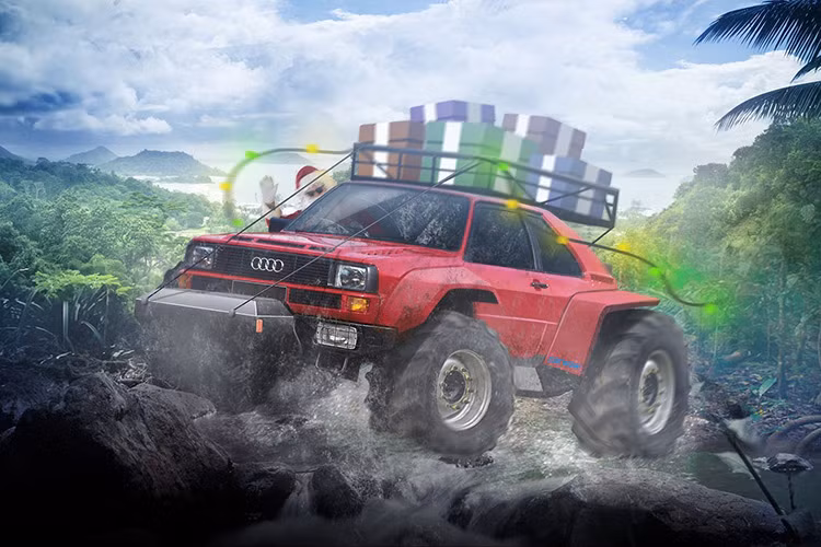 Thương hiệu xe hạng sang tại Đức cũng không hề kém cạnh, với mẫu xe Audi Ur Quattro S1 - nó sẵn sàng băng rừng mưa để mang quà giáng sinh đến cho trẻ em vùng sâu, vùng xa trên toàn Thế giới.