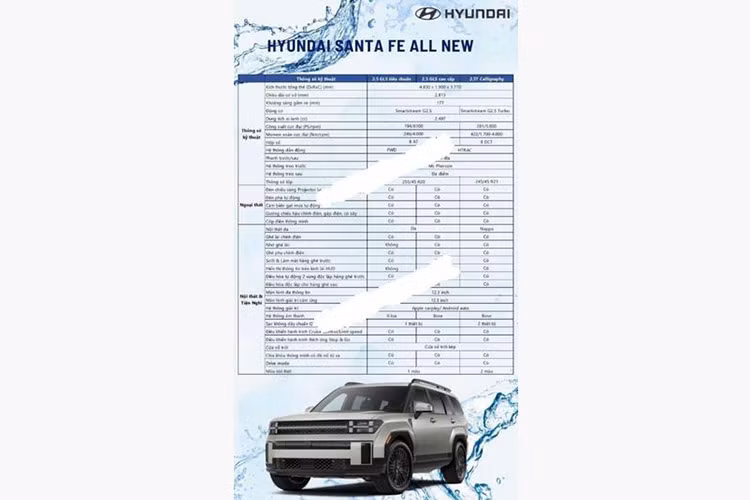 Theo thông tin thể hiện trên bảng thông số kỹ thuật, phiên bản Hyundai SantaFe 2025 máy dầu vốn được nhiều khách hàng Việt Nam ưa chuộng có thể sẽ bị loại bỏ trong lần ra mắt này. Theo bảng thông tin này, SantaFe 2025 sẽ có 3 phiên bản, bao gồm 2.5 GLS Tiêu chuẩn, 2.5 GLS Cao cấp và 2.5T Calligraphy.