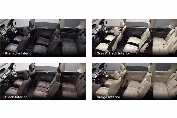 Ngoài ra, trang web của hãng Nissan Nhật Bản còn cho thấy việc Serena mới có nhiều tùy chọn màu nội thất. Bản dùng nội thất bọc nỉ có 3 tùy chọn màu là xám - đen, đen và be. Bản cao cấp hơn sẽ được trang bị nội thất bọc da màu đen, khâu quả trám... 