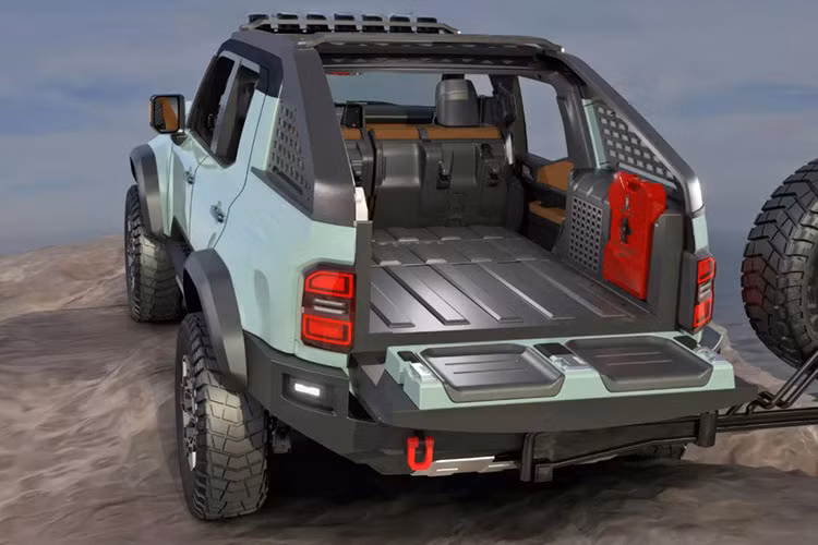 Bên cạnh đó, Land Cruiser ROX còn sở hữu cửa một nửa không có kính, mở rộng hốc bánh xe và bộ lốp địa hình cỡ lớn tạo cảm giác mạnh mẽ và sẵn sàng chinh phục mọi cung đường. Toyota còn trang bị thêm nhiều thiết bị hạng nặng cho Land Cruiser ROX, bao gồm cản trước và sau bằng thép, tấm chắn gầm gia cố, và chắn bụi. Phía sau xe có cửa hậu cùng giá đỡ lốp dự phòng giúp người dùng dễ dàng tiếp cận khoang chứa đồ lộ thiên.