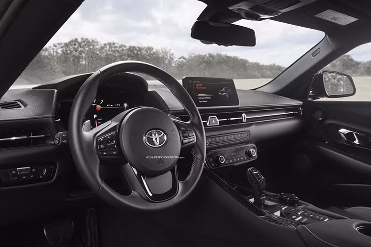 Bên trong nọi thất của Toyota Supra 2020 xuất hiện vô lăng 3 chấu và bảng đồng hồ kỹ thuật số. Ngoài ra, người lái còn tìm thấy cửa gió điều hòa mượt mà, màn hình thông tin giải trí nằm độc lập trên mặt táp-lô và nhiều điểm nhấn bằng kim loại.