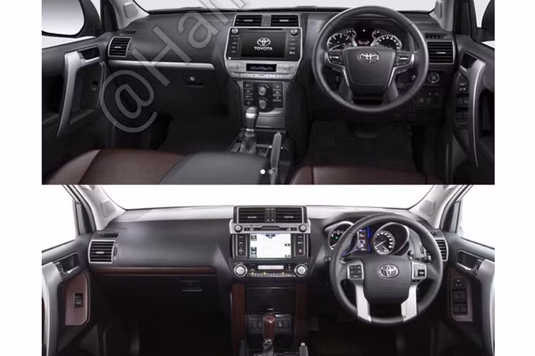 Qua những hình ảnh rò rỉ trước đó, có thể thấy bên trong Toyota Land Cruiser Prado 2018 xuất hiện các chi tiết mới như vô lăng 4 chấu và cụm điều khiển trung tâm mượn từ Land Cruiser 200 (Ảnh: nội thất của Toyota Land Cruiser Prado 2018 (trên) và phiên bản cũ).