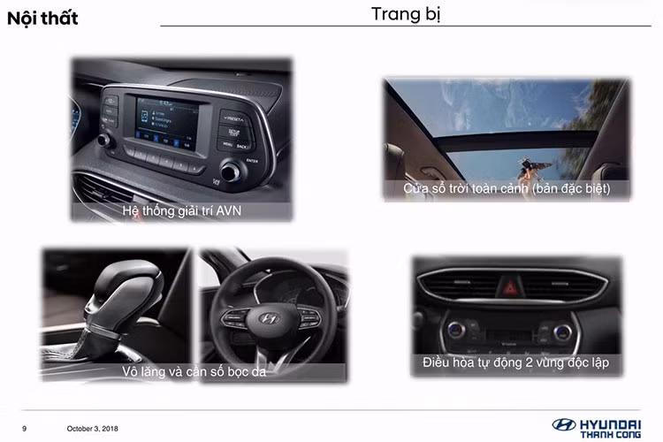 Riêng sạc điện thoại không dây, cửa sổ trời toàn cảnh và màn hình công-tơ-mét siêu sáng 7 inch chỉ có trên 2 bản đặc biệt của Hyundai SantaFe 2019 tại Việt Nam. Trong khi đó, 2 bản 2.4 Xăng và 2.2 Dầu sẽ dùng màn hình công-tơ-mét 3,5 inch.