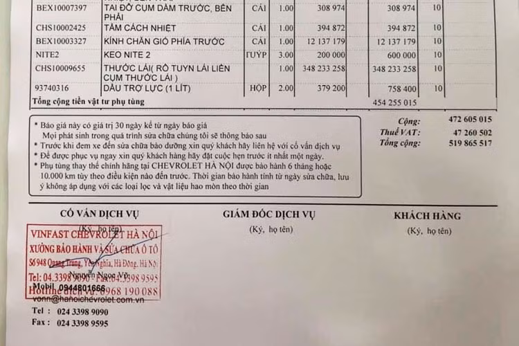 Sau khi Phóng viên liên hệ với đại diện của VinFast để hỏi về bảng báo giá này. Đại diện VinFast đã xác nhận đây đúng là bảng báo giá do đại lý cung cấp. Tuy nhiên, đại diện VinFast cũng khẳng định đây chưa phải là bảng báo giá cuối cùng sau khi cân nhắc các yếu tố thực tế. Rất may, trong trường hợp này, chủ nhân của chiếc VinFast Lux A2.0 trên đã mua bảo hiểm thân vỏ cho xe.