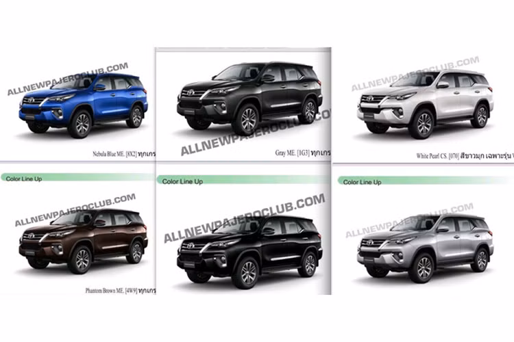 Fortuner 2016 sẽ có 6 tuỳ chọn màu sắc: trắng ngọc, đen, bạc, xám, xanh dương và nâu.