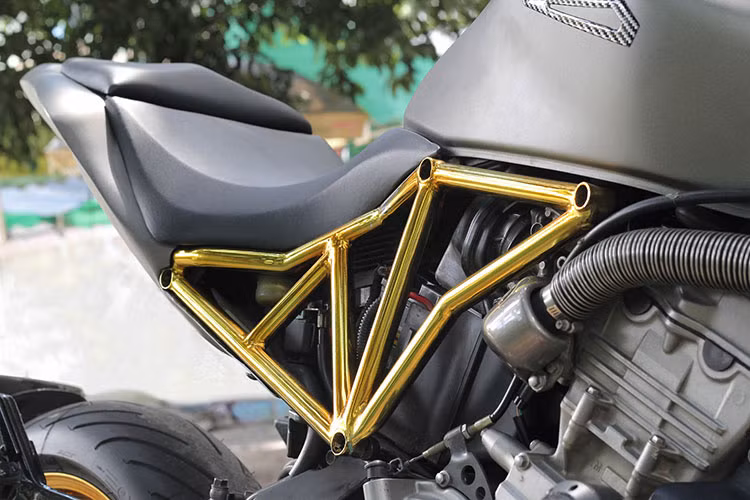 Tạo nên điểm nhấn tổng thể của bản độ Hornet Hyperion phong cách Streetfighter chính là ý tưởng khung sườn dạng lưới mắt cáo mạ vàng 24k.