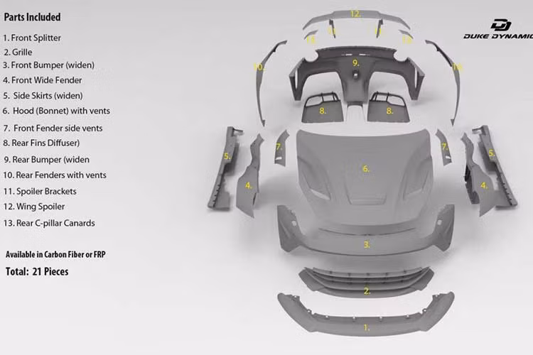 So với siêu xe nguyên bản, hãng độ Duke Dynamics đã thay đổi đến 13 chi tiết trên siêu xe Ferrari F12 Berlinetta tại Vũng Tàu để mang đến ngoại hình khác biệt. Hãng độ này sử dụng vật liệu sợi Carbon hoặc Fibeglass Reinfored Plastic (Nhựa cốt sợi thủy tinh).