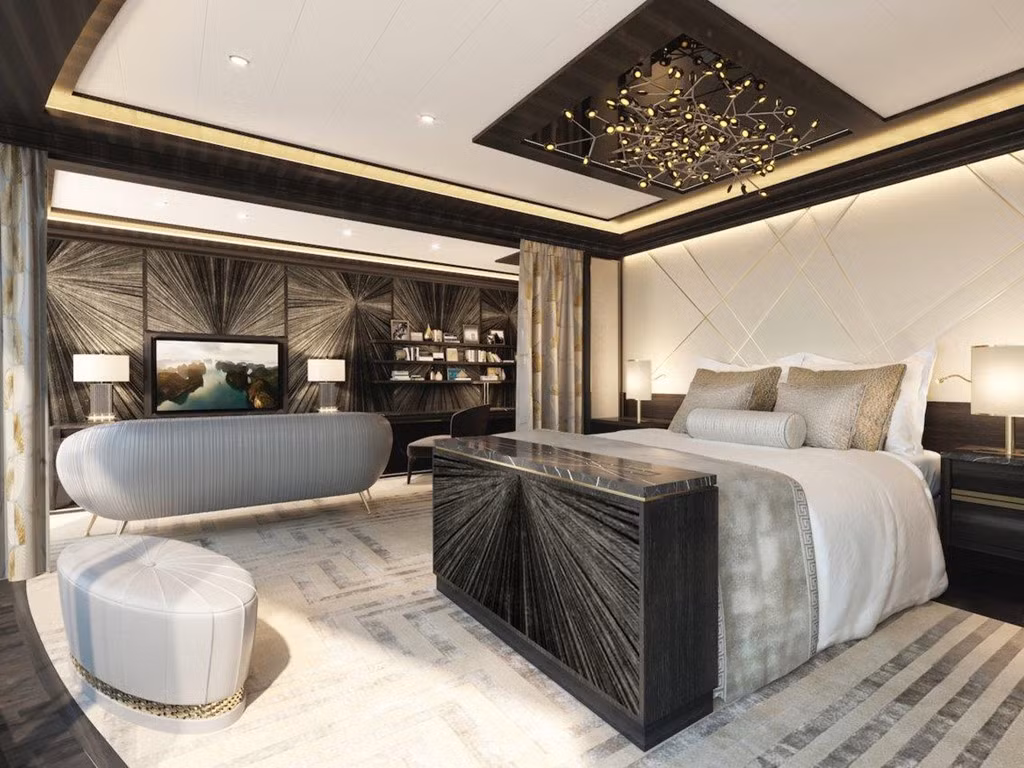 Phòng ngủ chính của Regent Suite sẽ có một giường cỡ lớn đến từ thương hiệu Hastens. Sẽ chẳng có gì bất ngờ nếu chiếc giường này không có giá lên đến 200.000 USD. Chỉ riêng tấm nệm đã có giá 90.000 USD, được làm trong 18 tháng và hơn 300 giờ làm thủ công.