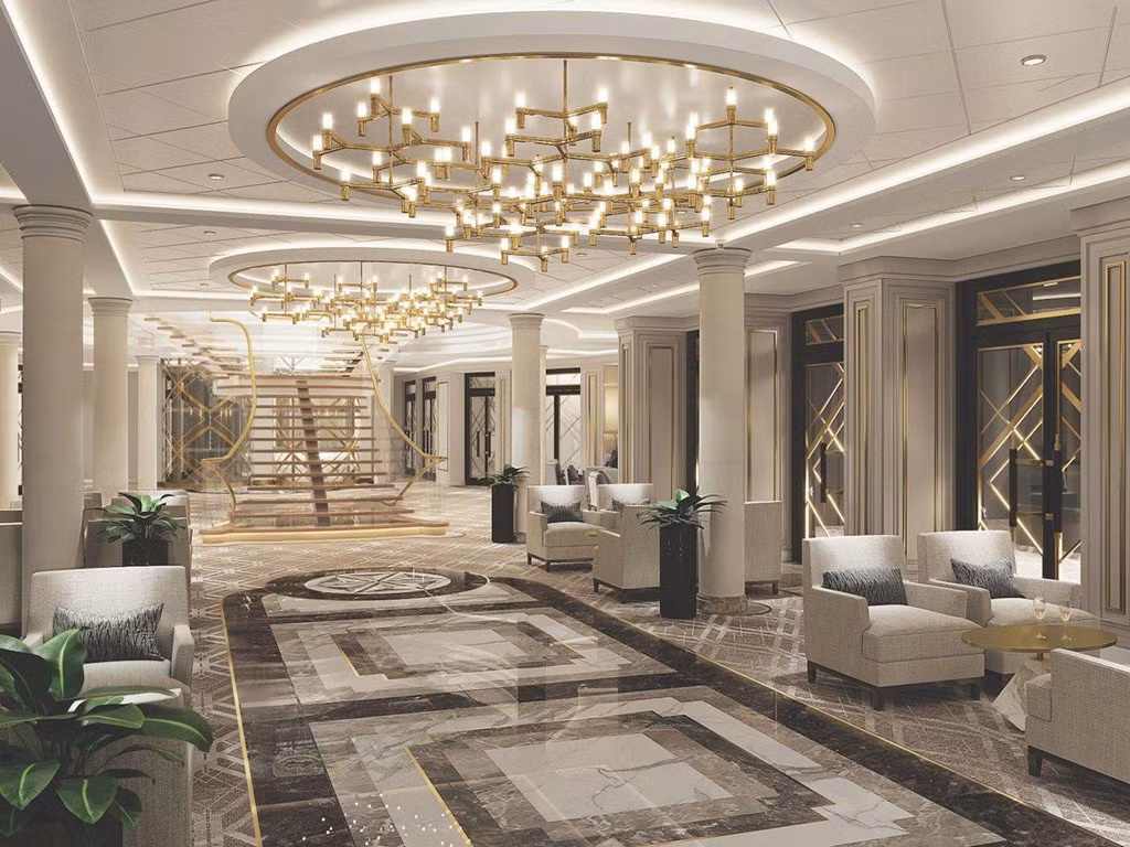 Bên ngoài phòng Regent Suite, những nơi còn lại trên du thuyền này cũng thuộc hàng sang trọng bậc nhất thế giới. Hành lang của tàu được trang trí bởi đá cẩm thạch ở sàn và 150 chùm đèn pha lê ở phía trên.