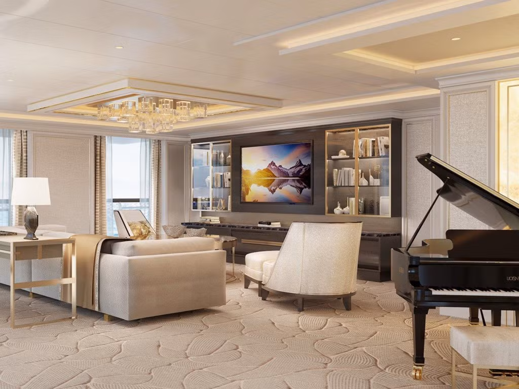Tại phòng khách, một cây đàn piano lớn của Mỹ trị giá 250.000 USD sẽ giúp hành khách thư giãn hoặc chỉ đơn giản là trưng bày để thể hiện độ sang trọng.
