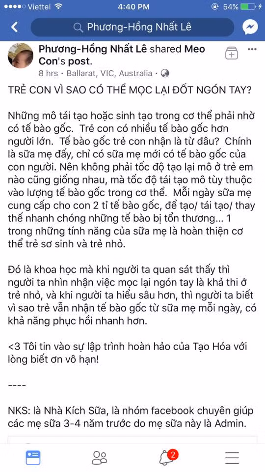 Quan điểm về tế bào gốc giúp mọc lại ngón tay gây tranh cãi của Lê Nhất Phương Hồng. Ảnh: Chụp màn hình
