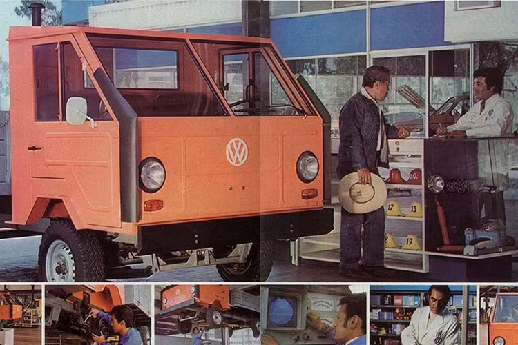 Volkswagen Basis-Transporter đời 1970 là một mẫu xe tải phục vụ công việc hàng ngày, thiết kế vuông vức với cabin 2 cửa và một hệ truyền động lấy từ Beetle.